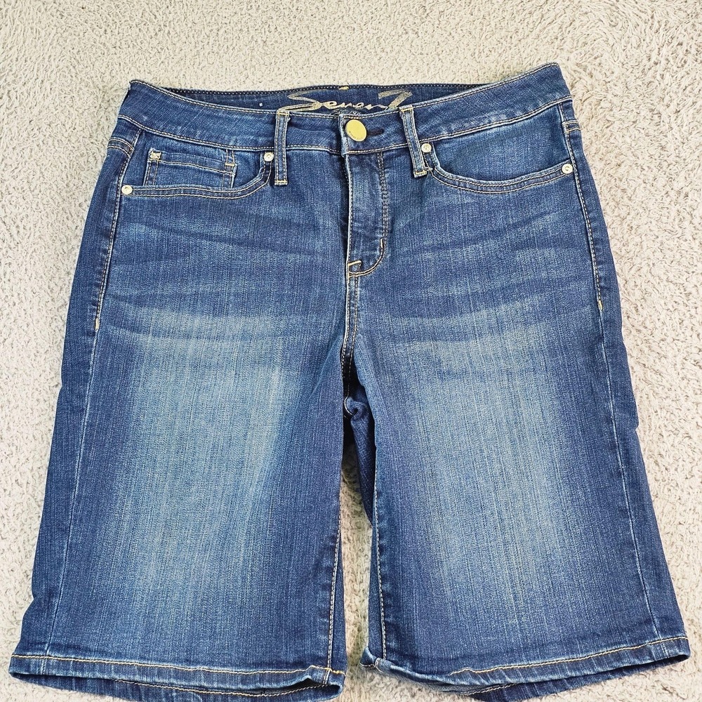 Seven7 Bermuda Shorts Womens 8 Blue Denim 9 Inseam Stretch Embroidered